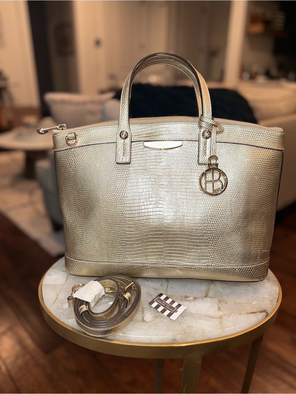 Henri Bendel Metallic Lizard Embossed Satchel Tote | Crossbody | Gold Champagne